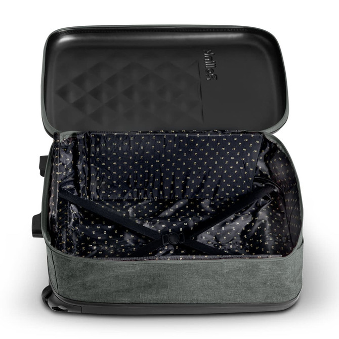 A medium, wheeled suitcase in green with a patterned interior, featuring an open, empty compartment and a logo.