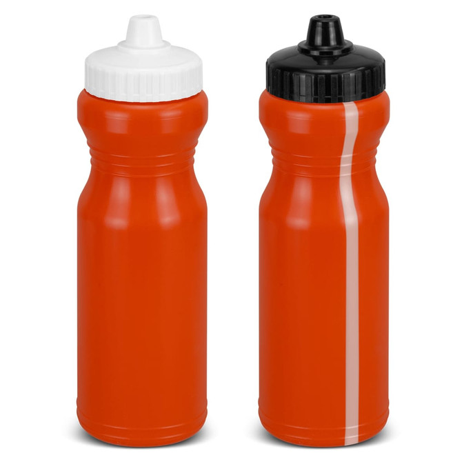 A drink bottle with a bright orange body, featuring black and white caps and a logo on the surface.