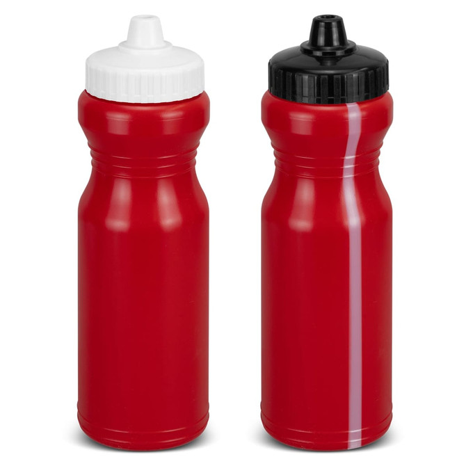 A drink bottle duo in vibrant red, featuring white and black caps, with branding visible on each bottle.
