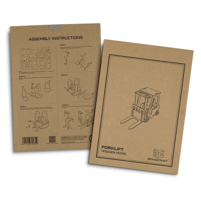 A brown cardboard packaging with assembly instructions and a design of a forklift wooden model. It features a logo.