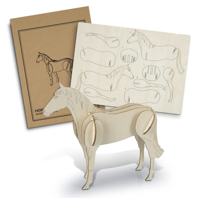A wooden horse model with attached parts and assembly instructions, featuring a natural wood finish.