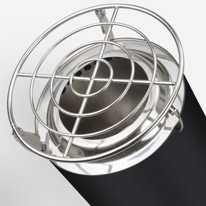 A black cooking pot with a silver grill lid, featuring a circular shape and a shiny metal interior.