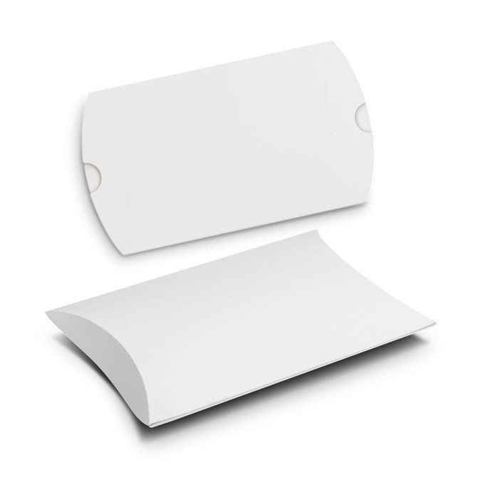 A small white pillow box with a curved design, featuring a simple, clean shape. It has a logo on one side.