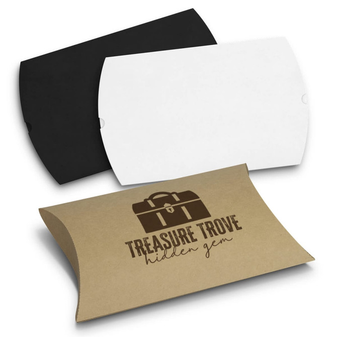 Three pillow boxes in black, white, and kraft brown, featuring a logo on the brown box.