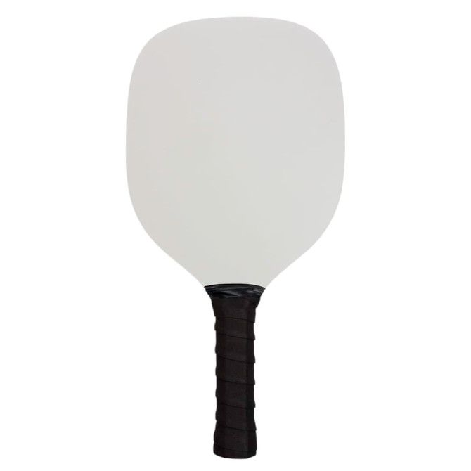 A pickleball paddle with a solid white surface and a textured black handle.