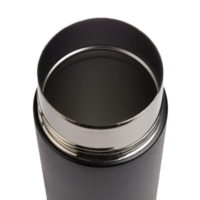 A drink bottle with a black exterior and a stainless steel interior. It features a rounded opening and has a logo.