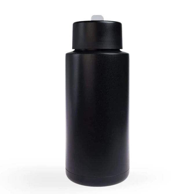 A drink bottle in matte black finish with a sturdy design and a cap, featuring a logo on its surface.