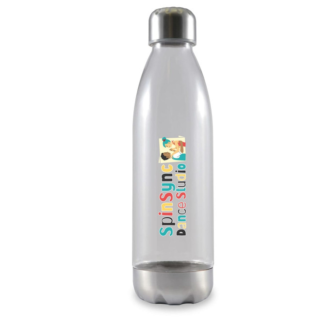 A drink bottle featuring a clear design with a silver metal base and a logo that reads "Spinsync Dance Studio."