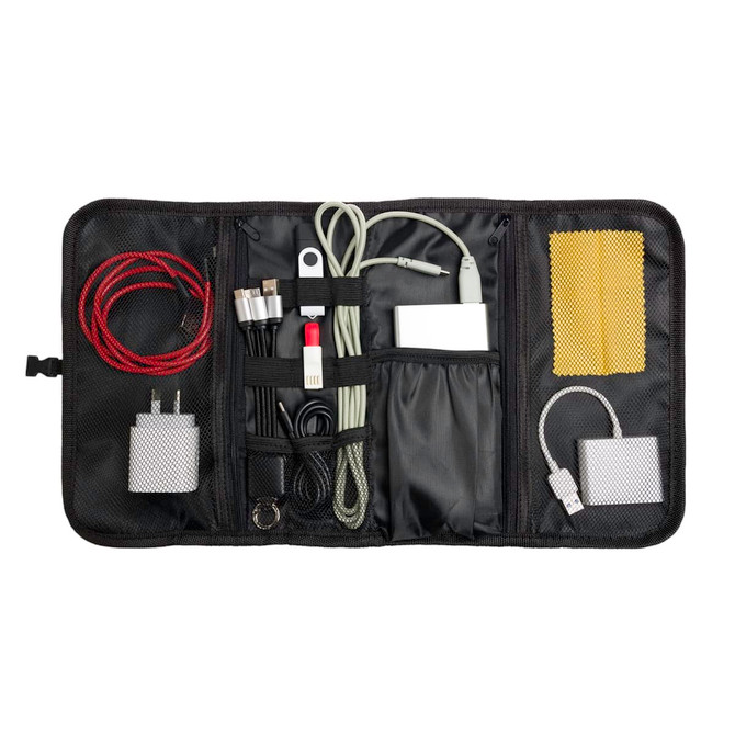 A black organizer containing various cables, chargers, and a cleaning cloth in a compact, zippered design.