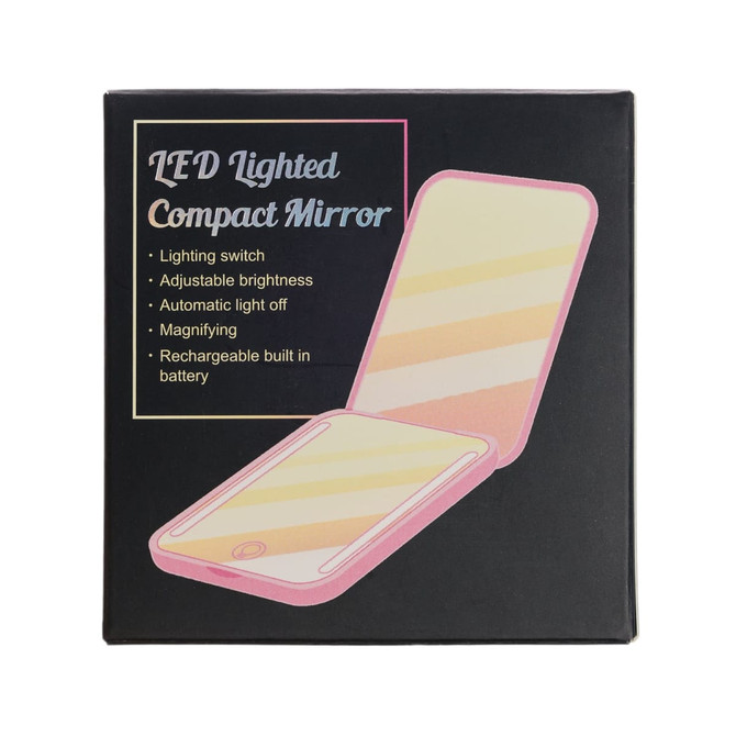A LED compact mirror in a pink case, featuring a lighting switch and adjustable brightness, with a built-in rechargeable battery.