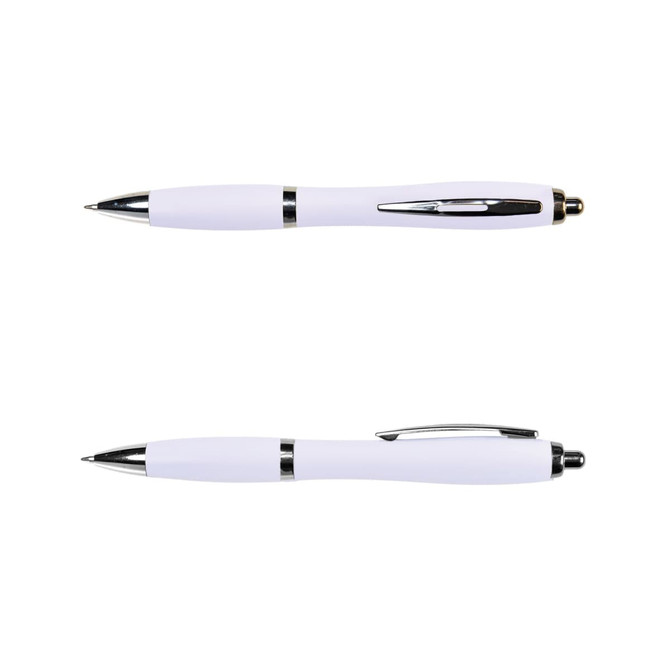 A white metal pen with chrome accents, featuring a sleek design and a push-button mechanism.