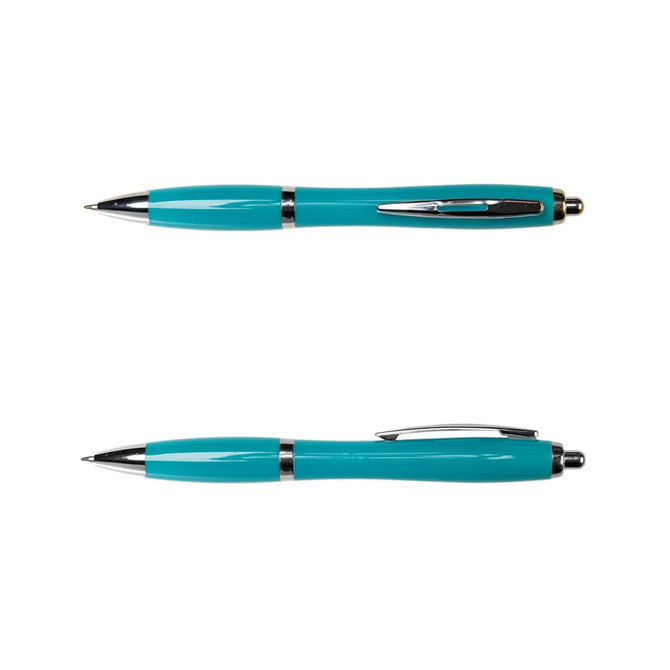 A metal pen in a vibrant turquoise color with a sleek design and a clip, featuring a shiny silver accent.