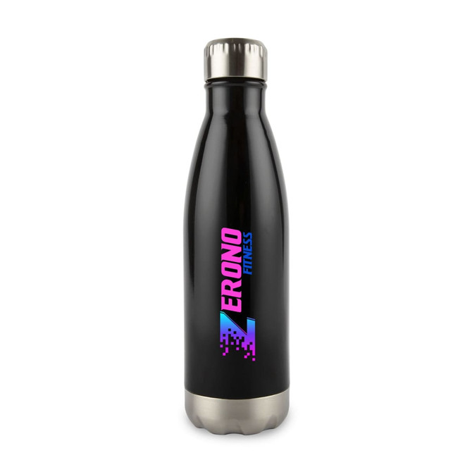 A drink bottle in black with a stainless steel bottom and a logo displayed on the body.