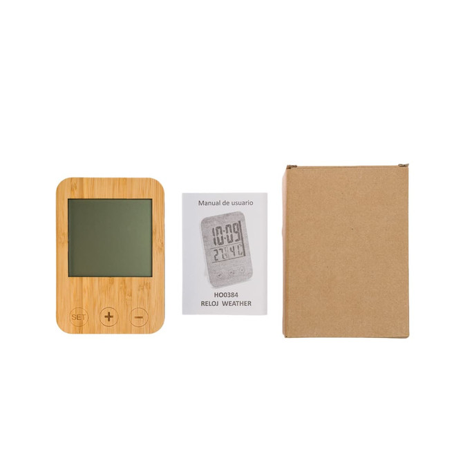 A weather station with a bamboo frame, a user manual, and a cardboard box.