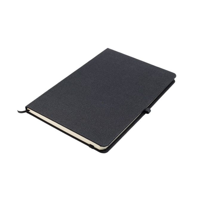 A black A5 notebook with a textured cover, featuring an elastic closure and an interior with blank pages.
