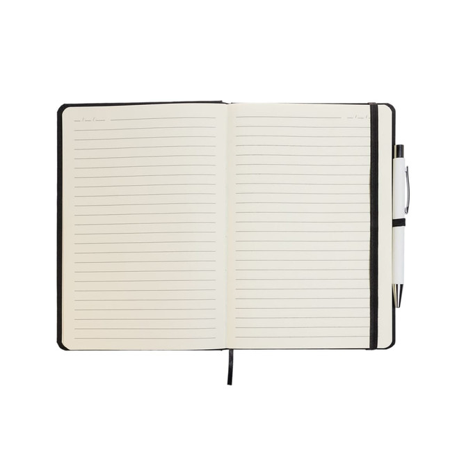 An A5 notebook with lined pages, featuring a black cover and a matching pen placed on top.