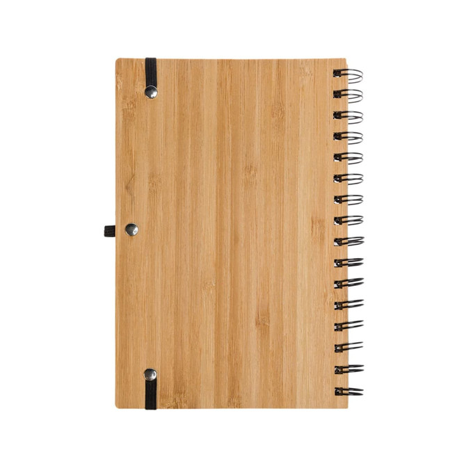 A bamboo-covered spiral A5 notebook with a metal spiral binding and elastic closure.