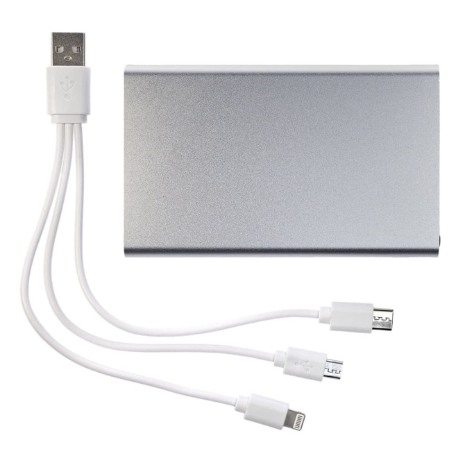 A silver power bank with multiple charging cables in white, featuring a logo on the surface.