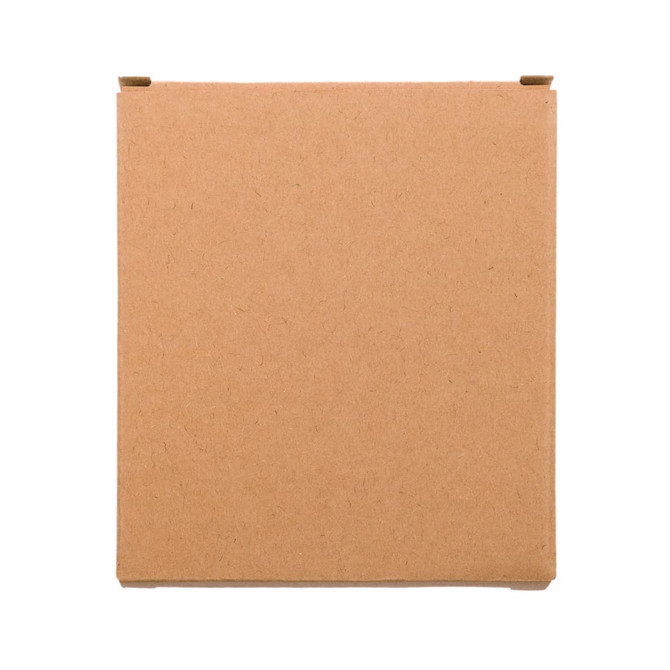 A plain brown cardboard box, featuring a simple rectangular design with flaps on the top for closure.