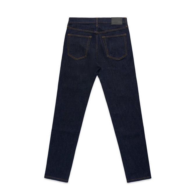 Skinny dark blue jeans with back pockets and a waistband label, featuring contrasting stitching.