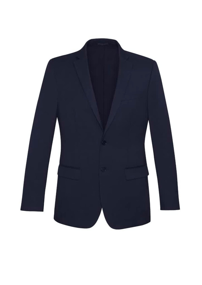 A navy slimline jacket with a single-breasted design and two front pockets, featuring a subtle logo.