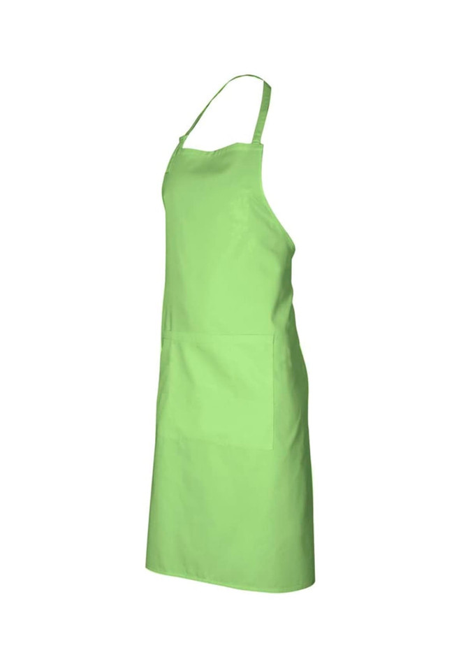 A light green bib apron with a pocket, featuring a simple design and an adjustable neck strap.