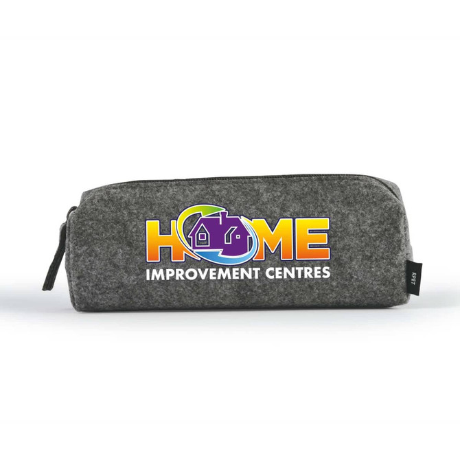 A gray utility case with a zipper, featuring a logo on one side.