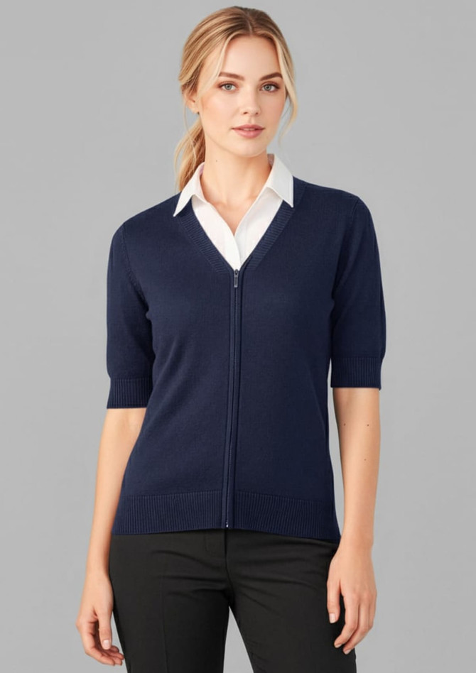 A navy zip front short sleeve knit cardigan, featuring a fitted design and a simple collar.