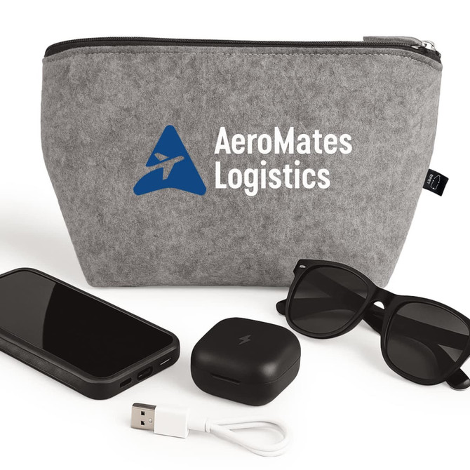 A grey felt pouch with a logo, alongside sunglasses, a smartphone, and a charging cable.