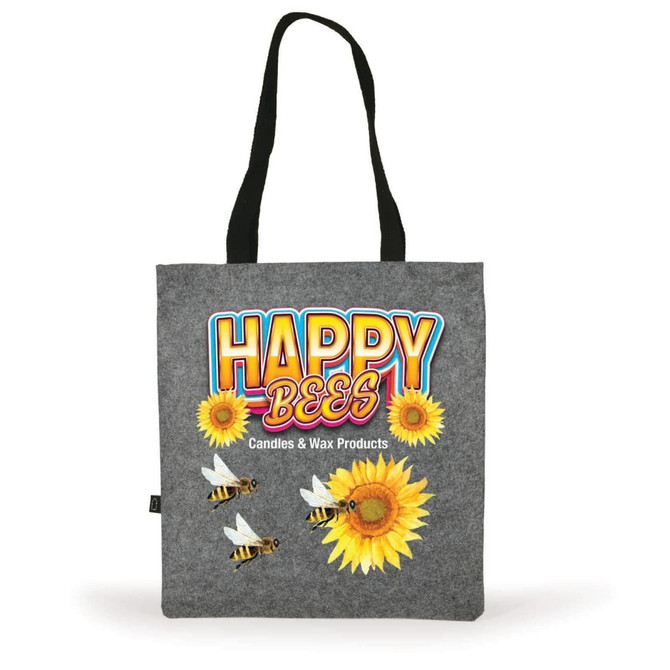 A gray felt tote bag featuring sunflowers, bees, and a logo. It has black handles.