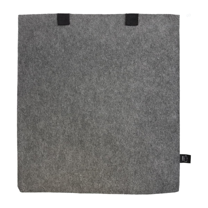 A grey felt tote bag with black handles and a small logo on the side.