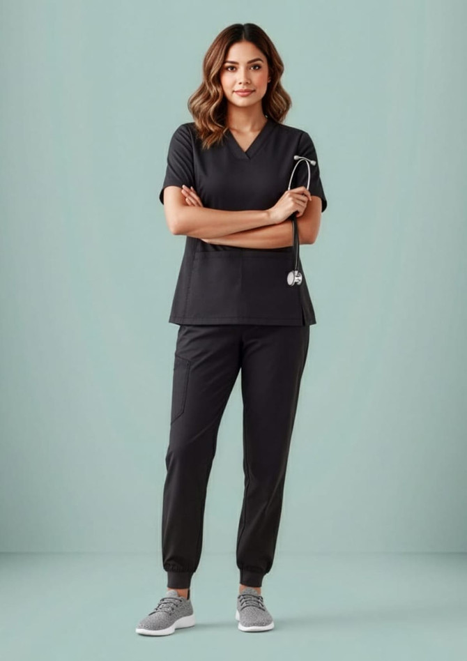 A model wearing black women's jogger scrub pants paired with a matching top, set against a pastel background.