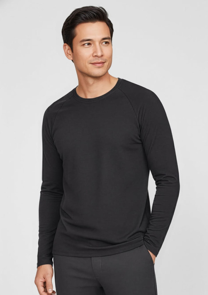 A long sleeve men's performance tee in black, featuring a crew neckline and a fitted design. Logos are present.
