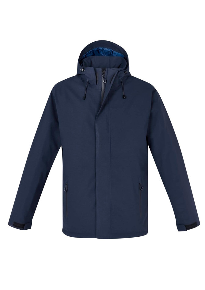 A navy rain jacket with a hood, featuring side pockets and a partial zip. It includes an inner layer in a contrasting colour.