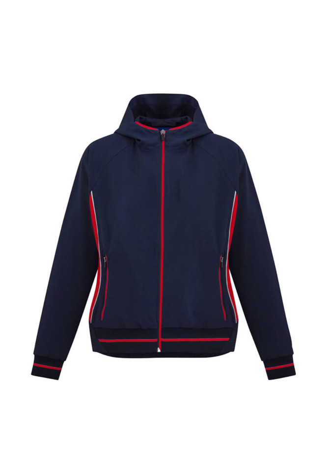 A navy jacket with red accents and a hood, featuring zippered pockets and a fitted design. Includes branding.
