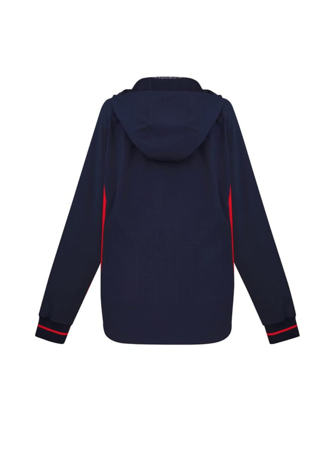 A navy jacket with a hood, featuring red accents along the sides and sleeves. It has a logo on the design.