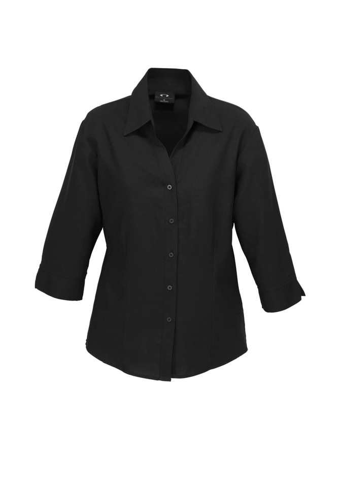 A black women's 3/4 sleeve shirt featuring a collared neckline and button-down front, with a logo on the label.