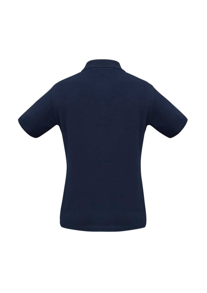 A navy short sleeve polo shirt with a classic collar and a logo at the neck.