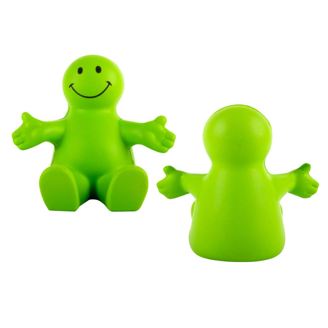A green stress-relief figure designed like a smiling character, featuring outstretched arms and a rounded body.