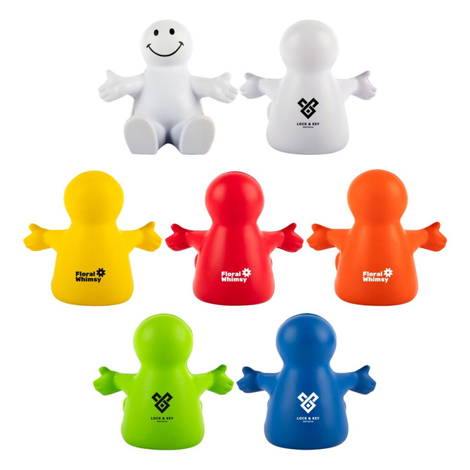 A collection of stress relievers shaped like characters in white, red, orange, yellow, green, and blue, with various logos.