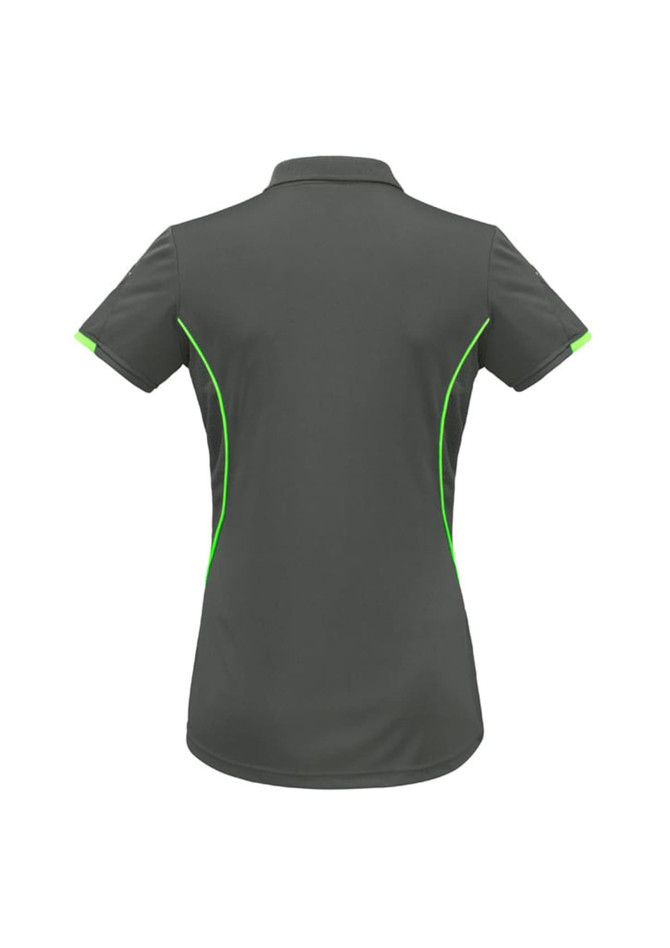 A women's short sleeve polo shirt in grey with green accents and a logo on the back.