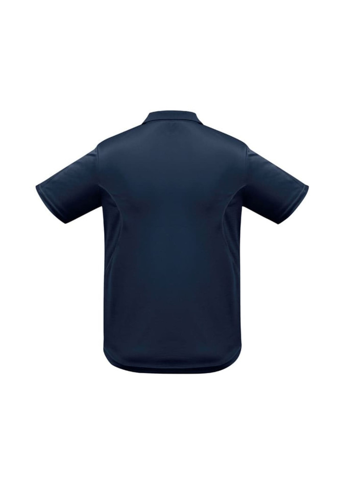 A navy short sleeve polo shirt featuring a logo on the back side. Suitable for casual wear.