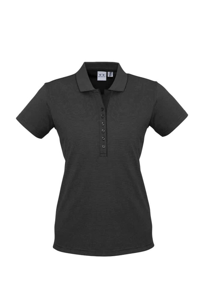 A women's short sleeve polo shirt in dark grey with a buttoned placket and a logo on the chest.