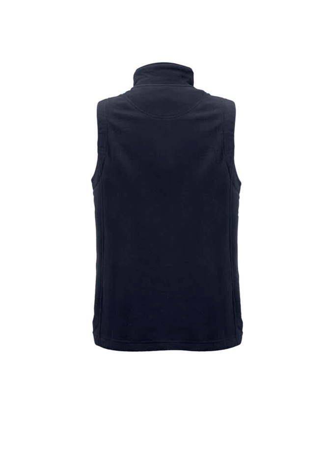 A women's plain micro fleece vest in navy blue, featuring a high collar and no sleeves, displaying a simple design.