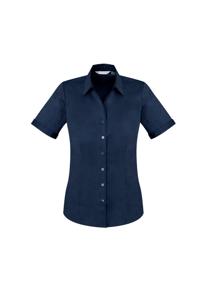 A navy blue women's short sleeve button-up shirt featuring a fitted design and a collar. It has a logo on the chest area.