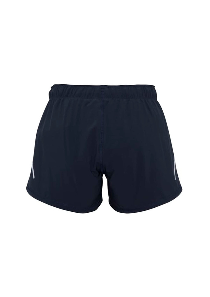 A pair of women's sports shorts in navy blue with an elastic waistband and reflective logo details.