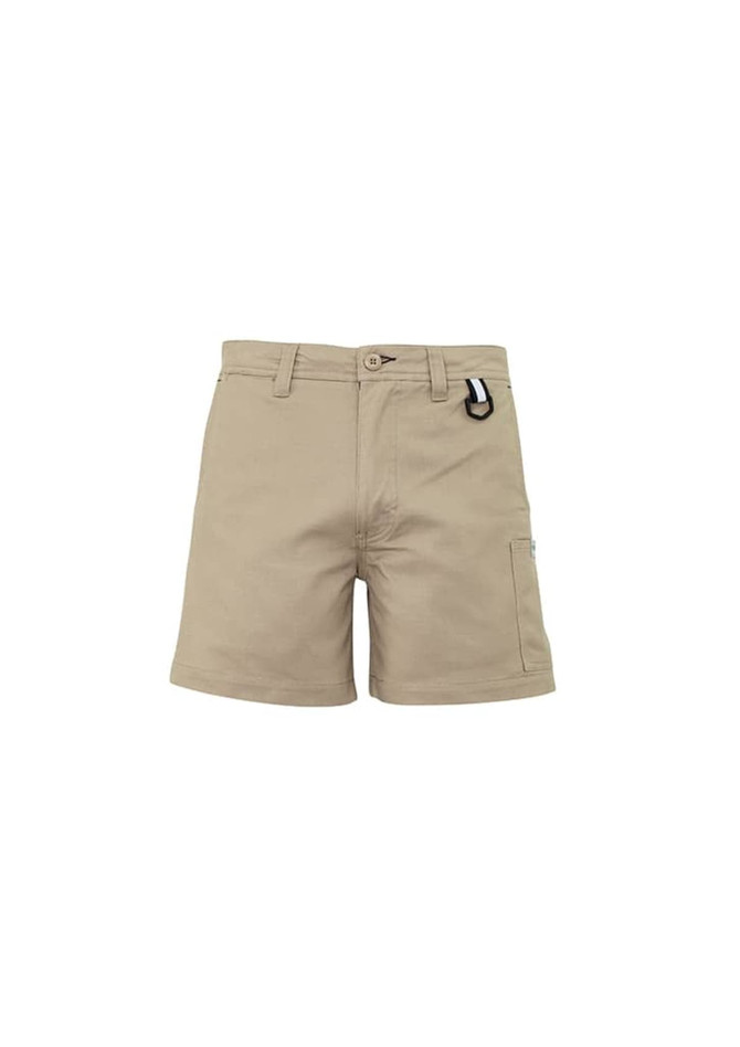 Khaki men's shorts with a pocket and clip, featuring a simple design. Includes a branding logo.