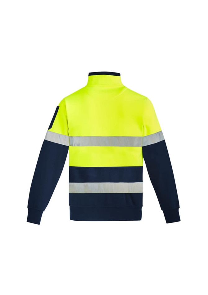 A high visibility 1/4 zip pullover in bright yellow and navy, featuring reflective hoop tape and a logo.