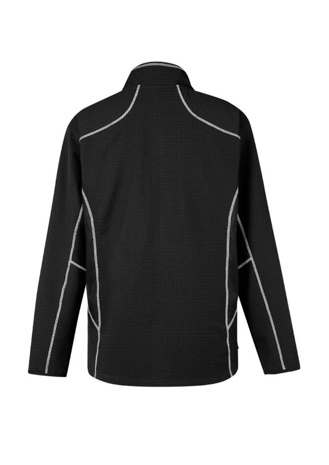 A black mid-layer jacket featuring contrasting white stitching and a high collar. Includes branding on the back.
