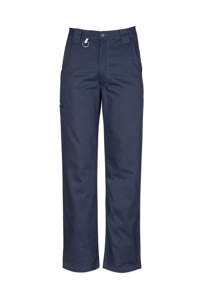 A pair of men's plain utility pants in navy, featuring a belt loop and a side pocket.